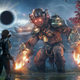 A giant with flaming hands and glowing red eyes towers over Shelia as he stands in the front of pagoda buildings.